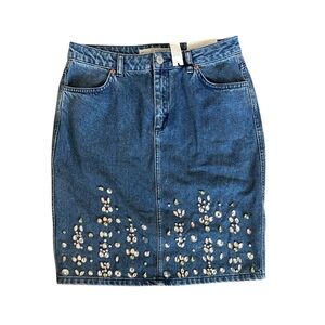 NWT Top Shop Rhinestone Embroidered Denim Moto Pencil Skirt 0124